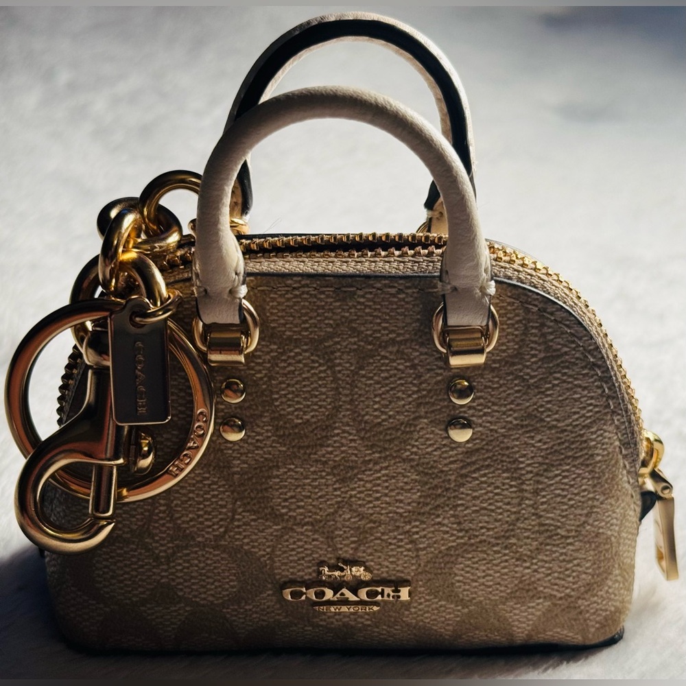 Coach Mini Katy Keychain Satchel in Khaki and Chalk with Gold Hardware